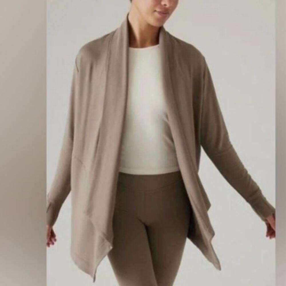 Athleta Taupe Open-Front Draped Cardigan